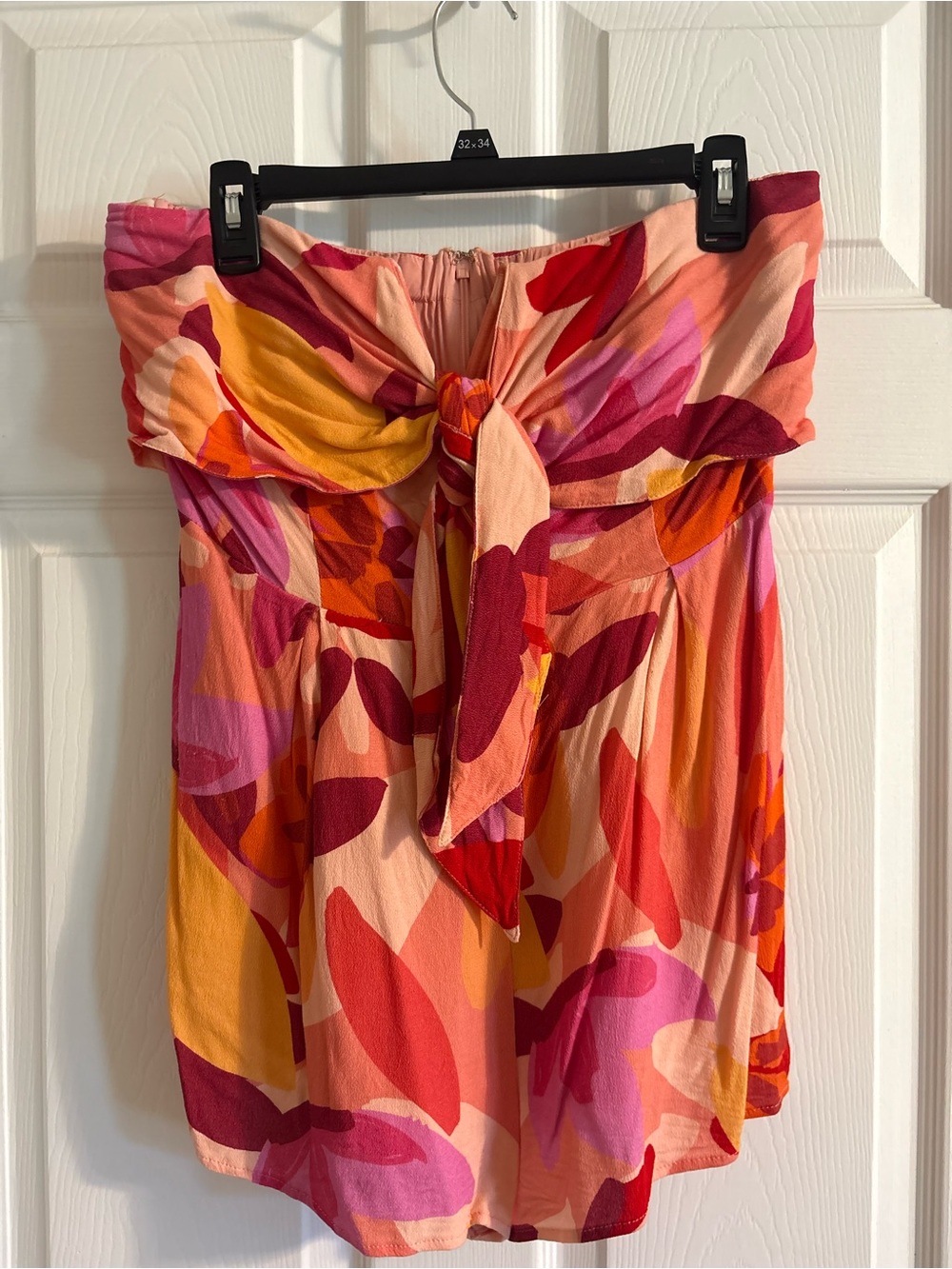 Lulu's Strapless Tie-Front Jumpsuit Romper in Pink, Orange & Red